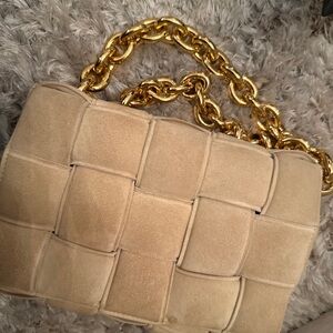 Luxury Beige Suede Woven Shoulder Bag with Gold Chain
